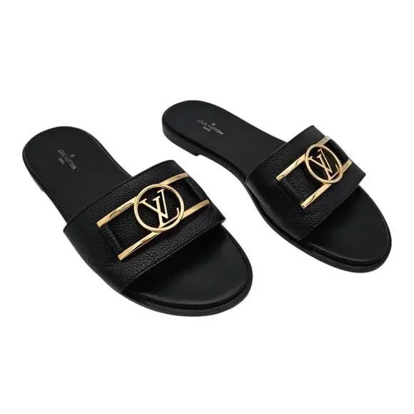 Louis Vuitton Lock It Flat Slide Sandal Black Leather Gold LV Logo Size 38 US 8 - Picture 3 of 12